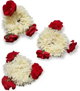 White artificial mogra gajra with rose for hair bun (pack of 3)