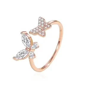 MYKI Elegant Double Butterfly Diamond Ring For Women & Girls (Rosegold)
