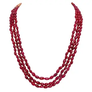Gehna Jaipur 3 Row Ruby Gemstone Oval Shape Bead Necklace NNp-1430 (Red)