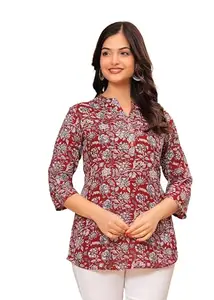 Traditional Cotton Flower Printed Kurta Office Short Kurti Tops Tunics for Women (PFK002) (in, Alpha, L, Regular, Maroon)