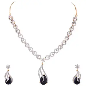 Ratnavali Jewels American Diamond Traditional Fashion Jewellery Blue Necklace Pendant Set with Earring for Women/Girls RV2896B