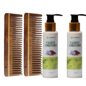 G Krishna Naturals Hair Brushes Wooden Neem Comb & Flaxseed Conditioner for Women & Men | Durable Long Lasting Wood Kangi and Hair Conditioner for Natural Hair Growth (Pack of 2 Each)(GKNFPC2-08)