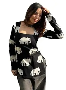 IQRA TRADING HUB Black and White Elephant Print Short Kurti for Women - Rayon V-Neck Ethnic Tunic Top for Jeans
