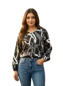 Women's Abstract Print V-Neck Blouse, Long Sleeve Tunic Top, Black Grey Orange Green Pattern, Casual Office Wear