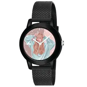 AROA Watch for Ladies Womens with Black Pink Cute Girl Anime Model :1026 in Black Metal Type Rubber Analog Watch Pink Dial for Women Stylish Ladies Watch for Girls