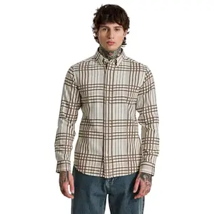 Snitch Button Down Casual Beige Checks Slim Fit Shirt