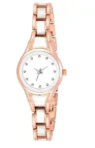 Women's White and Rose Gold Stone-Adorned Clasp Wristwatch