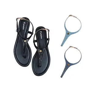 Cameleo -changes with You! Women's Plural T-Strap Slingback Flat Sandals | 3-in-1 Interchangeable Strap Set | Black-Leather-Light-Blue-Dark-Blue
