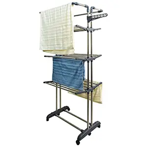 CIPLA PLAST Strong & Heavy Two Pole 3 Layer Stainless Steel Foldable and Movable King Jumbo Cloth Dryer Stand Floor and Balcony with Six Caster Wheel BRC-750 SS (Grey)