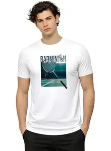 ADRO Mens Badminton Graphic T-Shirt | Cotton Lycra Tshirt | 180 GSM Stretchable Crew Neck Sports Tee | Breathable Casual T Shirt for Men