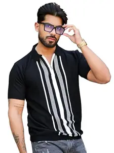 Maniac Mens OldMoney Strip Texture Polo Neck Half Sleeve Black Cotton Tshirt