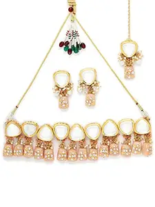 Karatcart Gold Plated Peach Tumble Studded Polki Kundan Choker Necklace Set