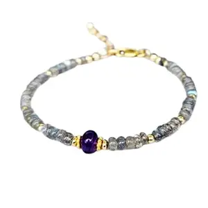 RRJEWELZ Labradorite With Purple Amethyst bracelet for men & women - 3.5mm Tyre & Rondelle Smooth beads - 7 Inch Adjustable with Gold plated clasp – Healing, Fashion, Gift, Spiritual, Yoga|LCBR_RR_08027