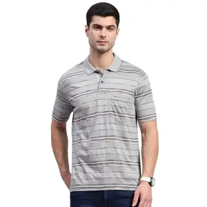 Monte Carlo Mens Grey Striped Polo Collar Half Sleeve Regular Fit T-Shirt (224064303-1-38)