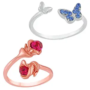 Mahi Combo of 2 Beautiful Floral Butterfly Love Finger Rings with Sparkling Crystal Stones CO1104748M