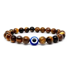 Grace Crystal World Tiger Eye Bracelet for Woman and Men with Evil Eye and Lab Certificate - Natural Energised Brown beads Bracelet for Courage, Protection and Will Power - 8MM Beads