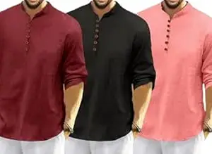 FINIVO FASHION Combo of Men’s Casual Full Sleeve Kurta Style Shirt with Button Placket |Regular Fit Ethnic Fusion Wear| Lightweight Breathable Fabric |for Daily & Festive Use Pack of 3