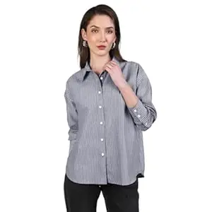 Urbano Fashion Women's Cotton Full Sleeve Oversized Fit Casual Striped Shirt with Spread Collar