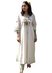 Women Rayon Flex Embroidered Kurta, Off White, Floral Embroidery Kurta, Regular Fit, Summer Wear