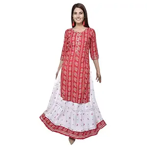 Women's Bandhani Printed Cotton Kurta Skirt Set (Red, Medium)