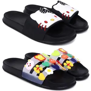 Pampy Angel Combo Pack of 2 Slipper/Flip Flops/Slides for Women,(Kitty-Black,MixVeg-Black),41 (Euro)