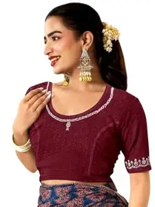MISS WEARS Women's Regular Fit Readymade Stretchy Elbow Length Embroidered Saree Blouse