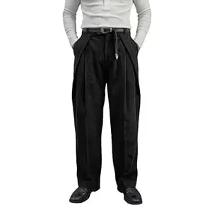 FUGAZEE 100% Cotton Black Corduroy Pleated Trousers | Straight Relaxed Fit