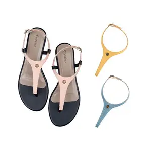 Cameleo -changes with You! Women's Plural T-Strap Slingback Flat Sandals | 3-in-1 Interchangeable Strap Set | Baby-Pink-Yellow-Light-Blue