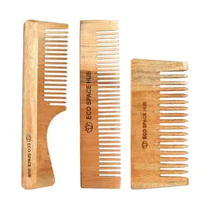 Eco Space Hub Neem Wood Comb Soaked in Neem Oil | Pack of 3 | Rake Regular & Shampoo Comb | for Detangling Curly Hair Hair Fall & Dandruff Protection Frizz Control Promotes Healthy Scalp | Value Pack