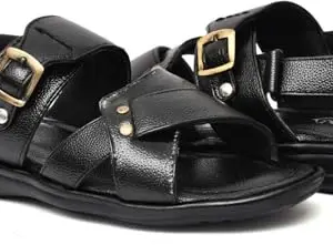 Casual Men's Leather Sandals – Stylish, Comfortable Sandals for Men (Black, 12) (QA-01)