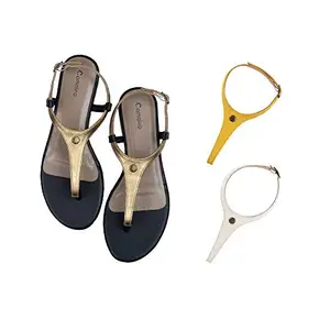Cameleo -changes with You! Women's Plural T-Strap Slingback Flat Sandals | 3-in-1 Interchangeable Leather Strap Set | Gold-Yellow-White