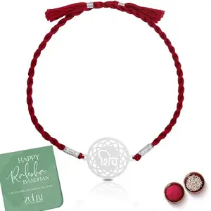 ZULRI 92.5 Sterling Silver Shiv Blessings Thread Rakhi For Rakshabandhan | Rakhi With Fragrance Greeting Card & Roli Chawal and Certificate of Authenticity