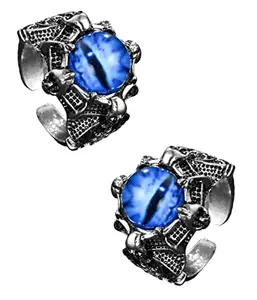 Adhvik (Pack Of 2 Pcs) Unisex Stainless Steel Adjustable/Openable Funky Blue Crystal Glasses 3d Devil/Dragon Demons Evil Eye Thumb Finger Ring (Free Size)