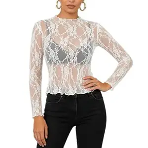 SANNIDHI® Mesh Long Sleeve Top for Women, Lace Sheer Tops See Through Mock Neck Floral Embroidery Sheer Blouce Fishnet Shirt Floral Lace Tops(Not Include Bra!)