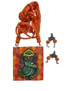 Eco-Friendly Terracotta Jewellery with Silver Oxidised Earrings | Light Weight Jewellery Set For Women | Adjustable Length. (Orange4)