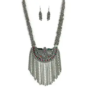KUKRAIL FASHION Oxidized Long Necklace Earring Set For Women's Girl Boho Antique Meena & Ghungroo Detailing Bold Statement Style Vintage Jewelry Set