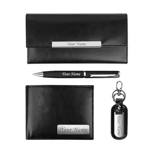 The Wallet Store Personalized Name Vegan Leather Wallet for Men & Clutch for Women with Leather Keychain and Metal Pen Couple Gift Set (Black)