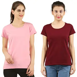Midaas Women's Classic Fit T-shirt (Set of 2) (MS_603-PKMR-L_Pink & Maroon_Large)