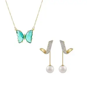 Fashion Blue Crystal Butterfly Necklace and Korean Drop pearl Tassel Earrings For Women and Girls