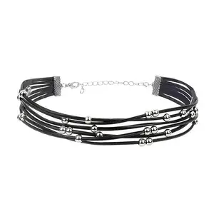 El Regalo Bohemia Layered Choker Necklace- Gothic Black Suede Leather Collar Choker with Silver Beads Multilayer Necklace for Women & Girls