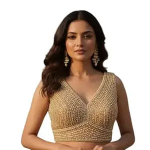 PANDAY CLOTHS Women Pearl Moti Designer Readymade Blouse Pure Silk Handcrafted Sleeveless V Neck Back Hook Open Heavy Handwork Traditional Saree Blouse Bridal Festive (Size Upto 40)(only Blouse)