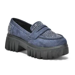 Women Chunky Smart Fashion Denim Blue Suede Loafers (4.5)