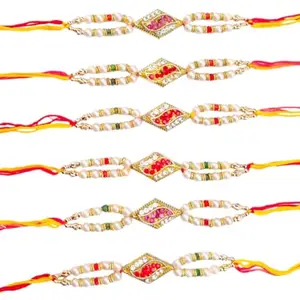 | Rakhi Set with Roli Kumkum, Decorative |Bhai/Bahan/Bhaiya/Bhabhi/Raksha Bandhan Pack of 6, Orange and Red |