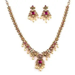 Sasitrends Enchanting Gold Plated Peacock and Floral Pearl Necklace Jewellery Set for Women & Girls