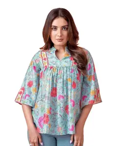 Blue Cotton Printed Floral Top for WomenDWST2005BL-XXL.