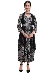 ANAISA Women Black Embroidery Fit and Flare V-Neck Dress with Black Dupatta