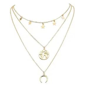 Ziyans Fashion Lovely Gold Plated Triple Layered Multi Star, Half Moon and World Pendant Necklace For Women and Girls