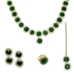 ACCESSHER Gold Plated Emerald Green Necklace Set with Earrings, Maangtikka, and Finger Ring, includes Earring Supporter Patches & Maangtikka Supporter Sticker for comfort.