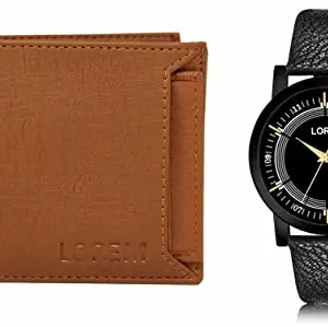 LOREM Tan Color Faux Leather Wallet & Black Analog Watch Combo for Men | WL03-LR48