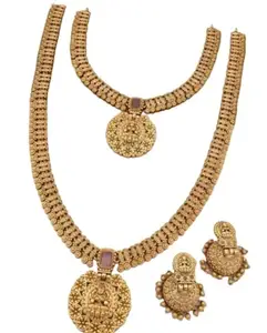 JRPR'S GOLD PLATED TRADITIONAL INDIAN FASHION JEWELLERY STYLISH WHITE STONE LONG HARAM AND NECKLACE SET FOR WOMEN AND GIRLS TEMPLE AND WEDDING JEWELLERY